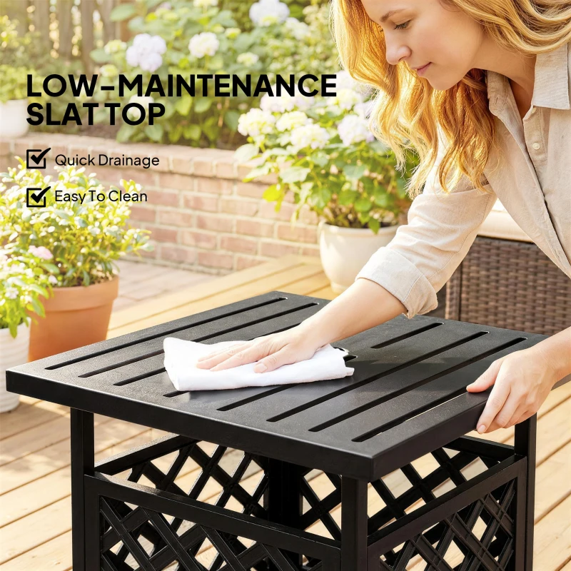 Outsunny 22" Outdoor Coffee Table, Patio Side Table with Umbrella Hole Slatted, Metal Top, for Garden, Backyard, Poolside, Black