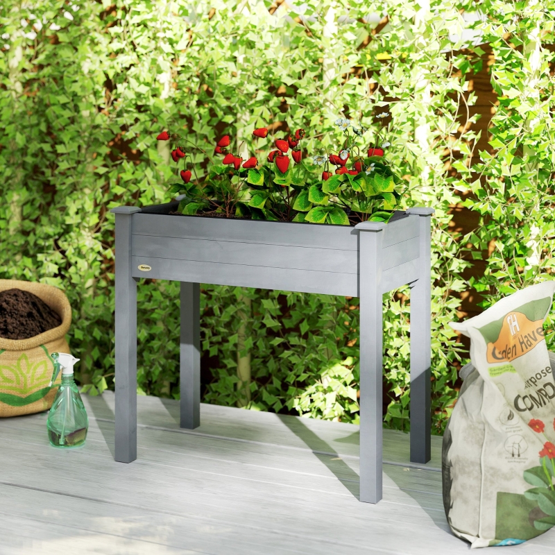 Outsunny 34"x18"x30" Wooden Raised Garden Bed, Elevated Planter Box with Legs, Drainage Holes, Inner Bag for Garden, Dark Grey