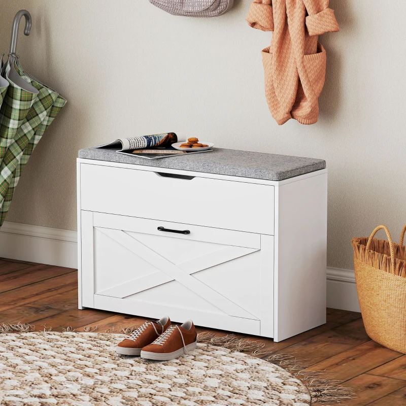HOMCOM Shoe Storage Bench with Flip Drawer and Lift Top Storage, Entryway Bench with Seat Cushion for Hallway, White