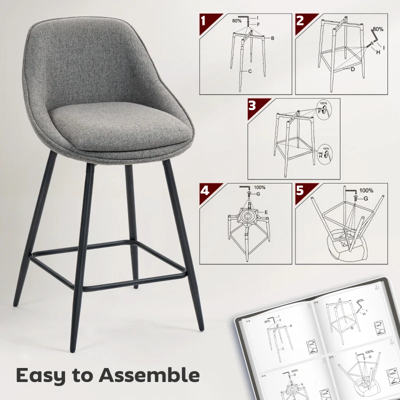 HOMCOM 26" Counter Height Barstools Set of 2, Upholstered Swivel Bar Stools with Backrests and Armrests, Dark Grey