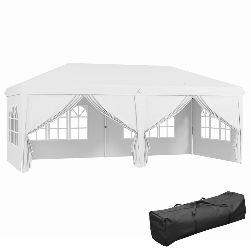 Outsunny 10' x 20' Pop Up Canopy with 6 Walls, Outdoor Easy Up Canopy Party Tent with Steel Frame, Drainage Holes, Instant Garden Shade Shelter with Carrying Bag, White