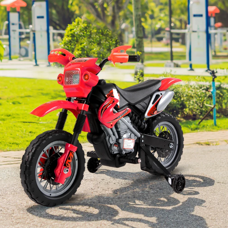 Aosom 6V Kids Motorcycle, Electric Motorcycle with Dirt Bike Style, Street Bike Design Battery Powered Ride On Toy with Training Wheels, Headlight, Music, Ages 5-8, Red