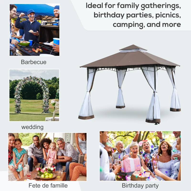 Outsunny 10' x 10' Double Tier Garden Gazebo Canopy Outdoor Sunshade Tent Anti-UV Roof with Metal Frame, Coffee
