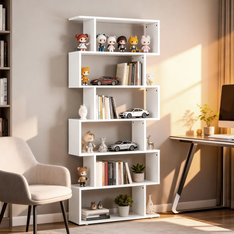 HOMCOM 76" 6-Tier Geometric Wooden Bookcase S Shaped Storage Display Bookshelf Modern shelf Open Concept Living Room Home Office Furniture, White
