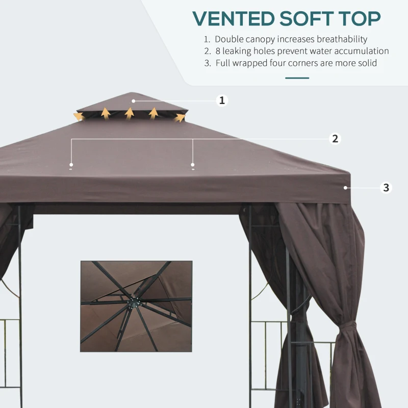 Outsunny 10' x 10' Patio Gazebo Outdoor, Canopy Shelter with Double-tier Roof, Pavilion Sidewalls for Garden Events, Brown