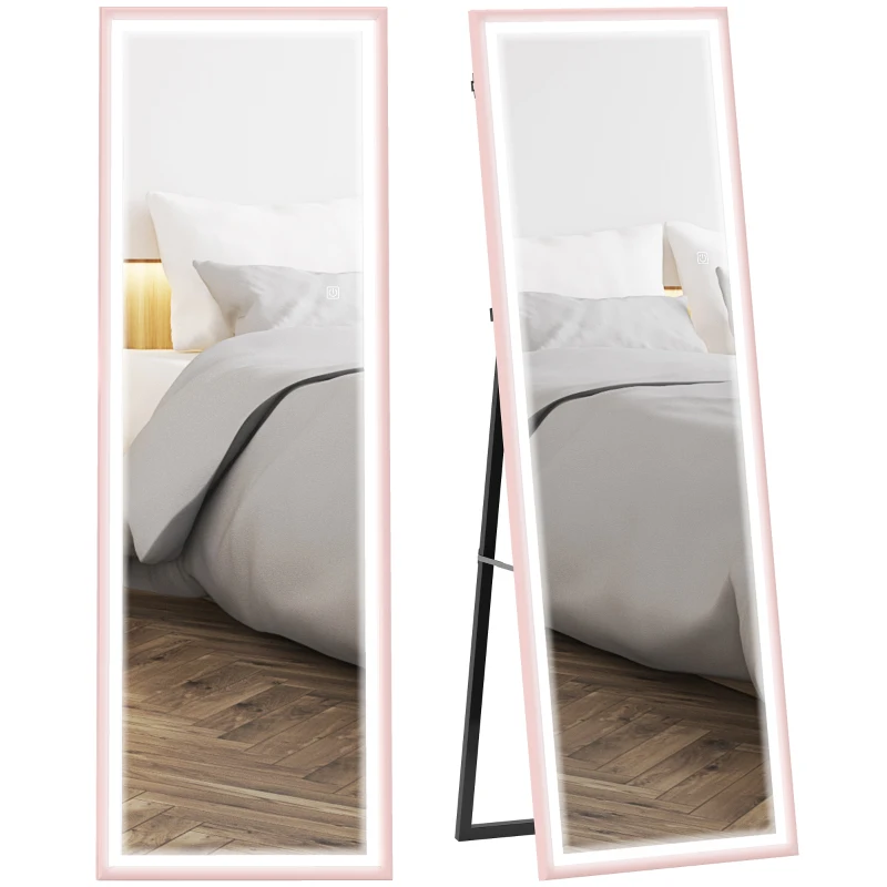 HOMCOM LED Mirror with Dimmable and 3 Colour Lights, 64" x 21" Rectangular Full Body Mirror for Bedroom Living Room, Pink