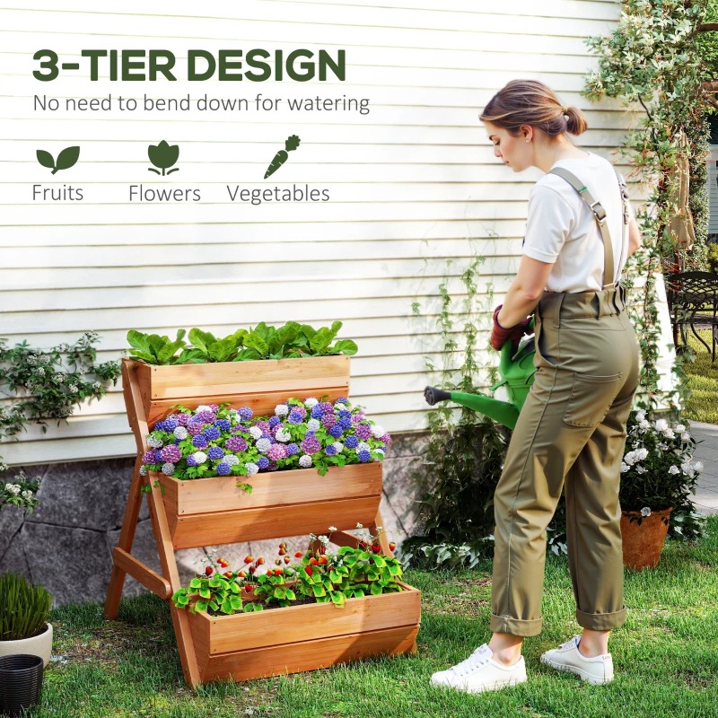 Outsunny 3 Tier Elevated Planter Box, Vertical Wooden Raised Garden Bed for Flowers, Vegetables, 26" x 30" x 30", Brown