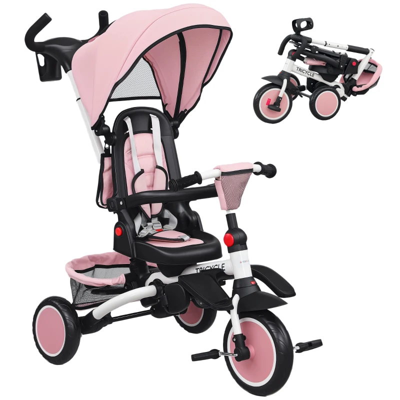 Qaba 6 in 1 Kids Tricycle with Adjustable Push Handle, Removable Canopy, Reversible Seat, for 1-5 Years, Pink
