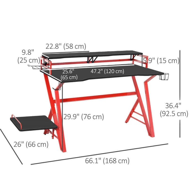 HOMCOM 47 inch Gaming Desk, Computer Table Workstation with Monitor Stand, Cup Holder, Headphone Hook & CPU Stand for Home Office, Black & Red