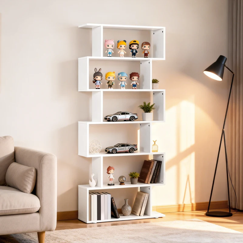 HOMCOM 76" 6-Tier Geometric Wooden Bookcase S Shaped Storage Display Bookshelf Modern shelf Open Concept Living Room Home Office Furniture, White