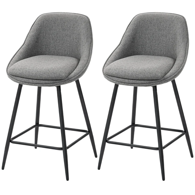 HOMCOM 26" Counter Height Barstools Set of 2, Upholstered Swivel Bar Stools with Backrests and Armrests, Dark Grey