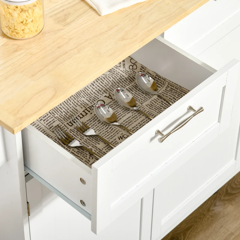 HOMCOM Rolling Kitchen Island with Storage Drawers, Kitchen Cart with Rubber Wood Top, Cabinet & Towel Rack, White