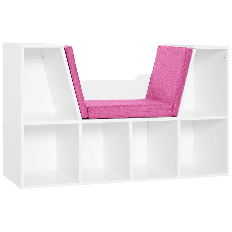 HOMCOM 6-Cubby Bookcase with Seat Cushion, Cube Storage Shelf with Reading Nook for Home Office, Study, Pink