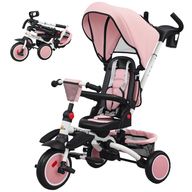 Qaba 6 in 1 Kids Tricycle with Adjustable Push Handle, Removable Canopy, Reversible Seat, for 1-5 Years, Pink
