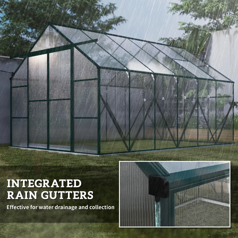 Outsunny Aluminium Greenhouse Polycarbonate Walk-in Garden Greenhouse Kit with Adjustable Roof Vent, 8 x 12ft, Green