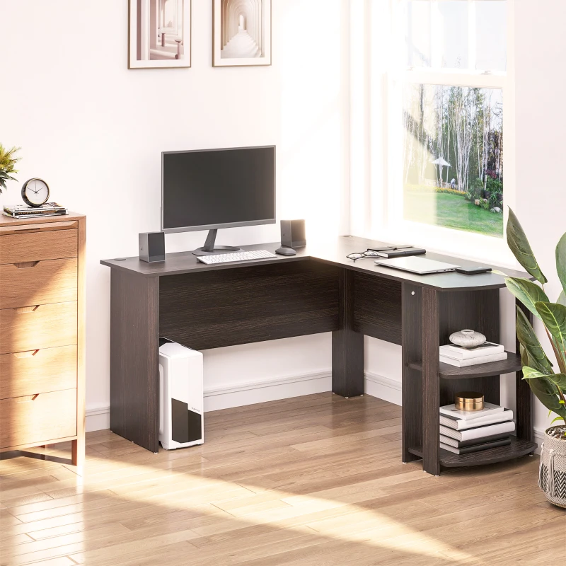 HOMCOM L-Shaped Computer Desk, Laptop Workstation with Return and 2 Storage Shelves for Home Office, Dark Brown