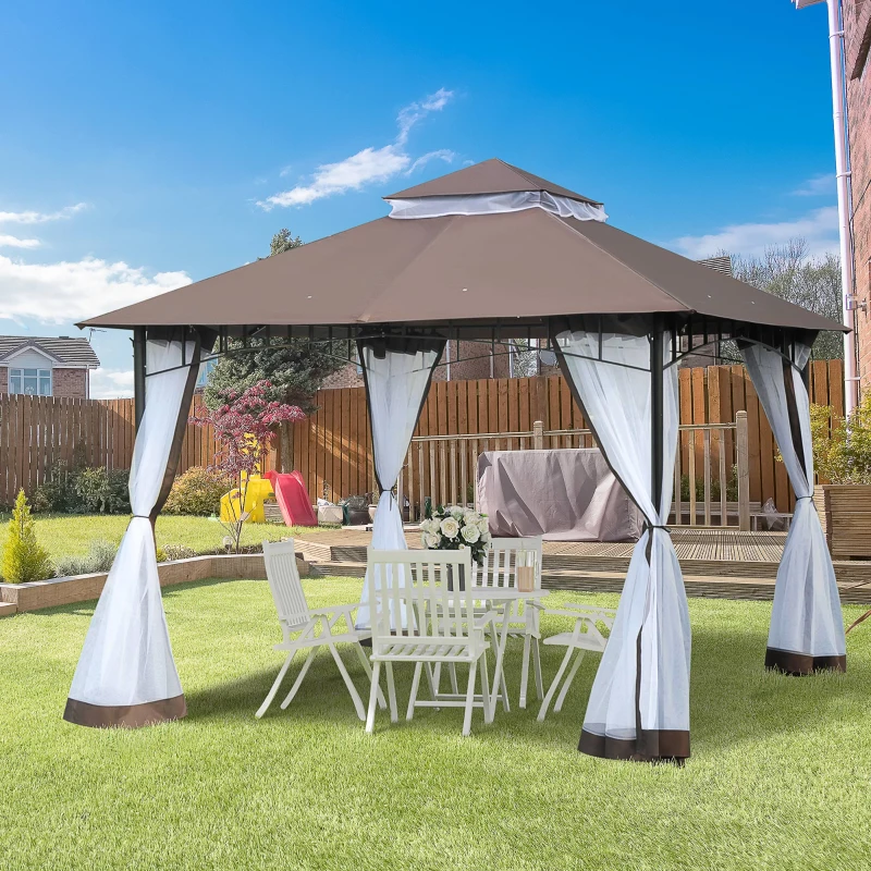 Outsunny 10' x 10' Double Tier Garden Gazebo Canopy Outdoor Sunshade Tent Anti-UV Roof with Metal Frame, Coffee