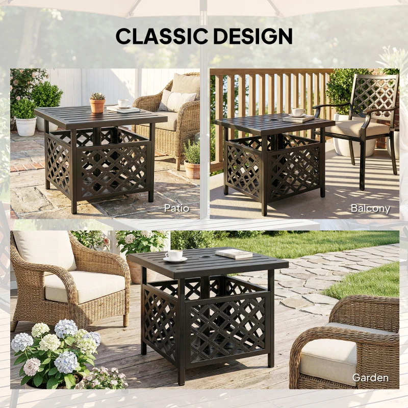 Outsunny 22" Outdoor Coffee Table, Patio Side Table with Umbrella Hole Slatted, Metal Top, for Garden, Backyard, Poolside, Black