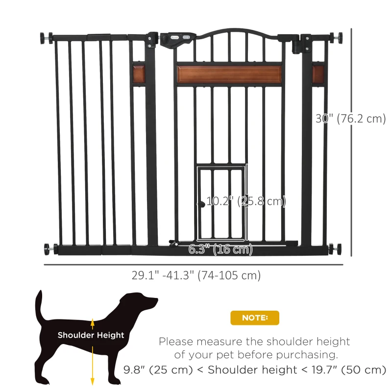 PawHut 29.1''-41.3'' Extra Wide Dog Gate with Cat Door, Stair Pressure Fit, Auto Close, Double Locking, for Doorways, Hallways