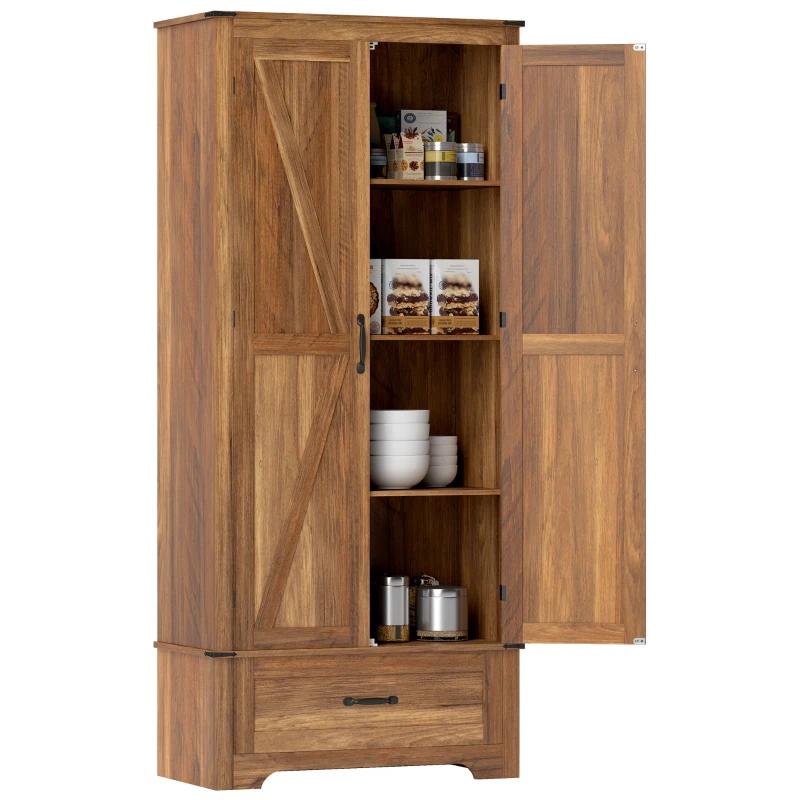 HOMCOM 72" Farmhouse Pantry Cabinet with Adjustable Shelves, Kitchen Pantry Cabinet with 2 Doors, Brown