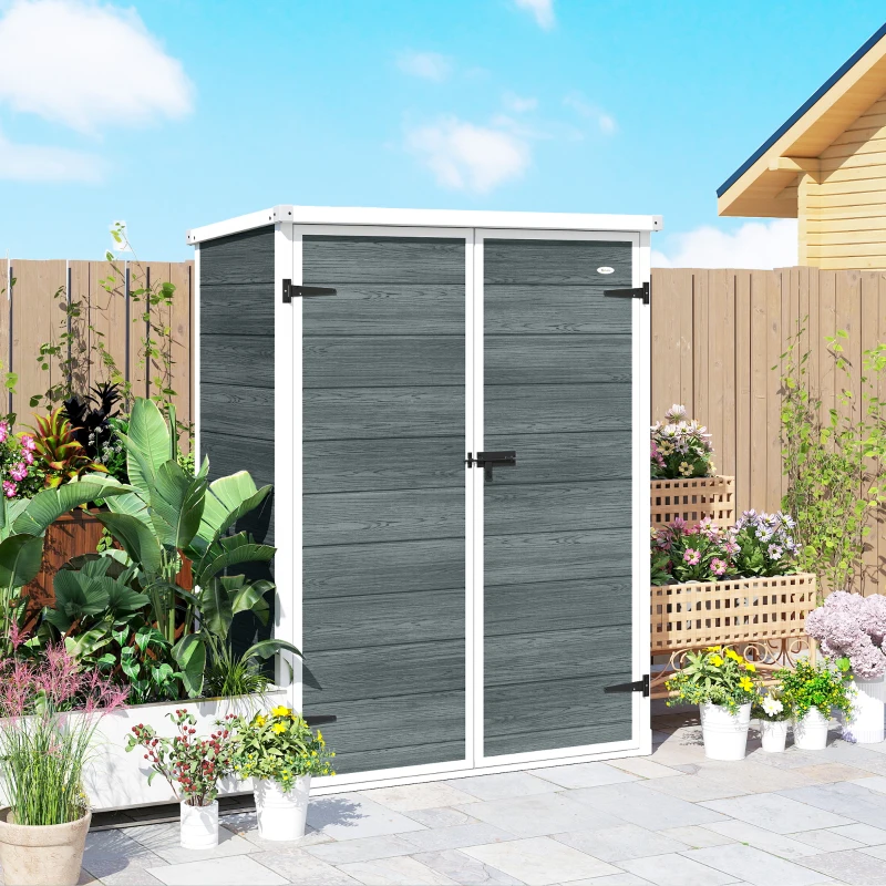 Outsunny Outdoor 4.4' x 2.3' Plastic Storage Shed with Lockable Doors and Foldable Shelves, Wood-Effect Garden Shed, Grey