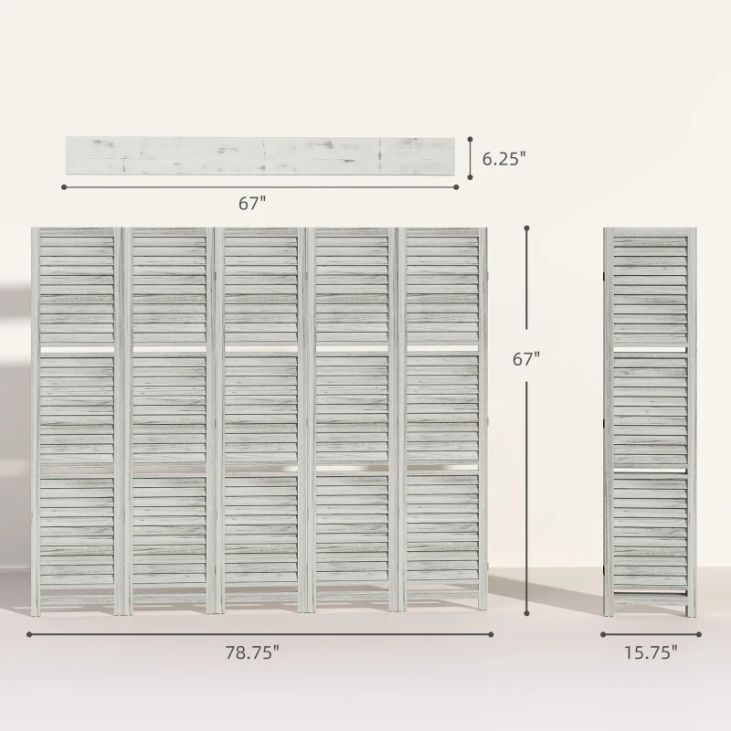 HOMCOM 5 Panel 67" Tall Wood Privacy Screen Room Divider with 3 Shelves and Folding Storage for Bedroom, Distressed White