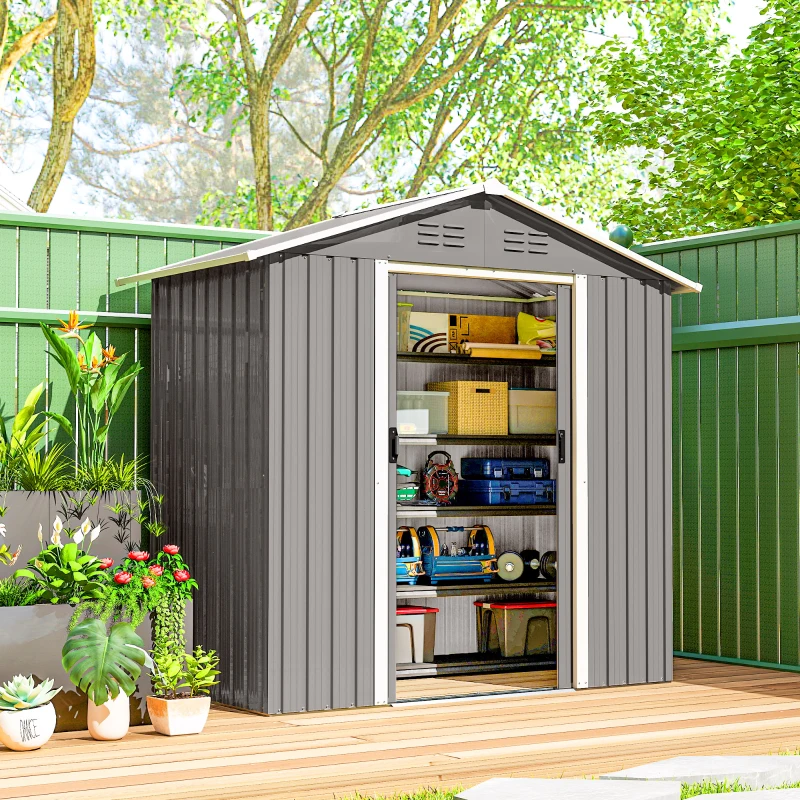 Outsunny 6.5x3.5ft Metal Garden Storage Shed for Outdoor Tool Storage with Double Sliding Doors and Vents, Light Grey