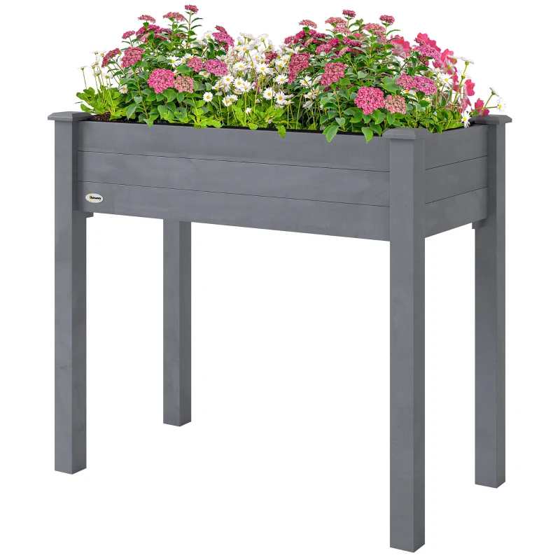 Outsunny 34"x18"x30" Wooden Raised Garden Bed, Elevated Planter Box with Legs, Drainage Holes, Inner Bag for Garden, Dark Grey