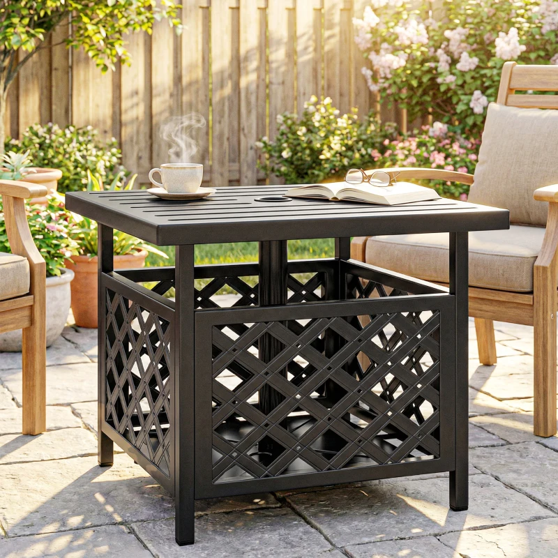 Outsunny 22" Outdoor Coffee Table, Patio Side Table with Umbrella Hole Slatted, Metal Top, for Garden, Backyard, Poolside, Black