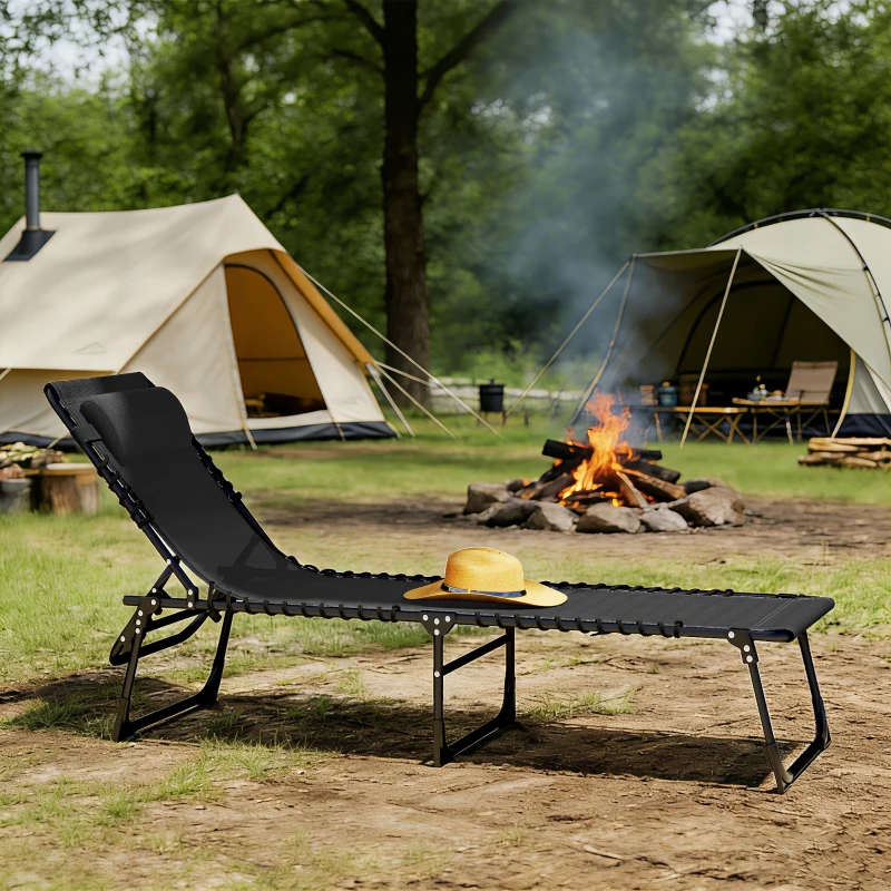 Outsunny Outdoor Folding Lounge Chair, 4-Level Adjustable Chaise Lounge with Headrest, Tanning Chair Beach Bed Reclining Lounger Cot for Camping, Hiking, Backyard, Black