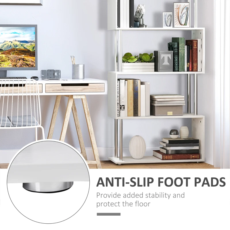 HOMCOM 5-Tiers Geometric Wooden Bookcase S-Shaped Storage Bookshelf Display with Metal Frame for Living Room, Bedroom, Home Office, White