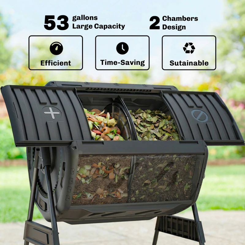 Outsunny Compost Bin Outdoor, 53 Gal Dual Chamber Tumbling Composter with Adjustable Vents, BPA Free Tumbling Composter, Black