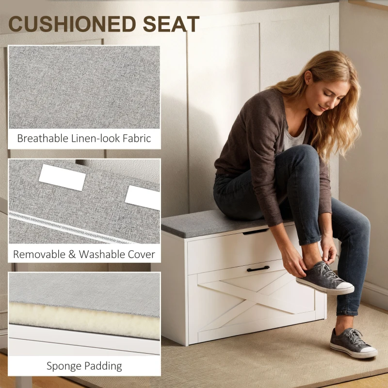 HOMCOM Shoe Storage Bench with Flip Drawer and Lift Top Storage, Entryway Bench with Seat Cushion for Hallway, White