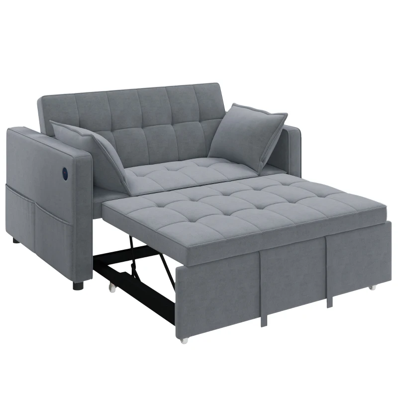 HOMCOM 3‑in‑1 Convertible Sofa Bed, Pull Out Sleeper Sofa with USB Charging, Adjustable Backrest, Side Pockets, Dark Grey