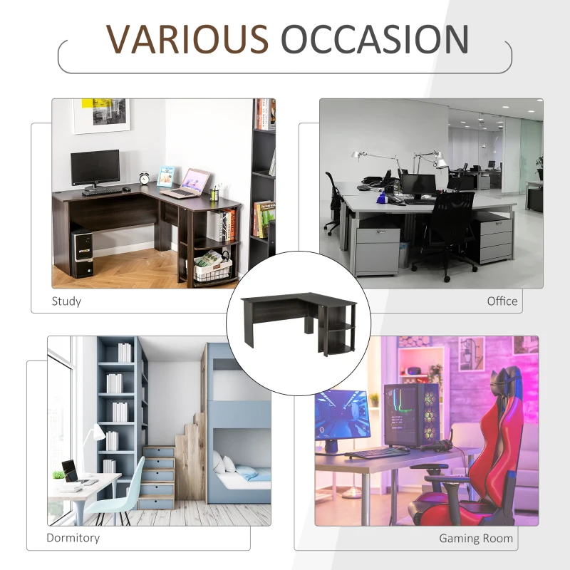 HOMCOM L-Shaped Computer Desk, Laptop Workstation with Return and 2 Storage Shelves for Home Office, Dark Brown