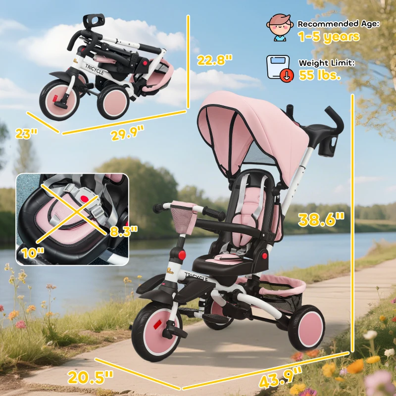 Qaba 6 in 1 Kids Tricycle with Adjustable Push Handle, Removable Canopy, Reversible Seat, for 1-5 Years, Pink