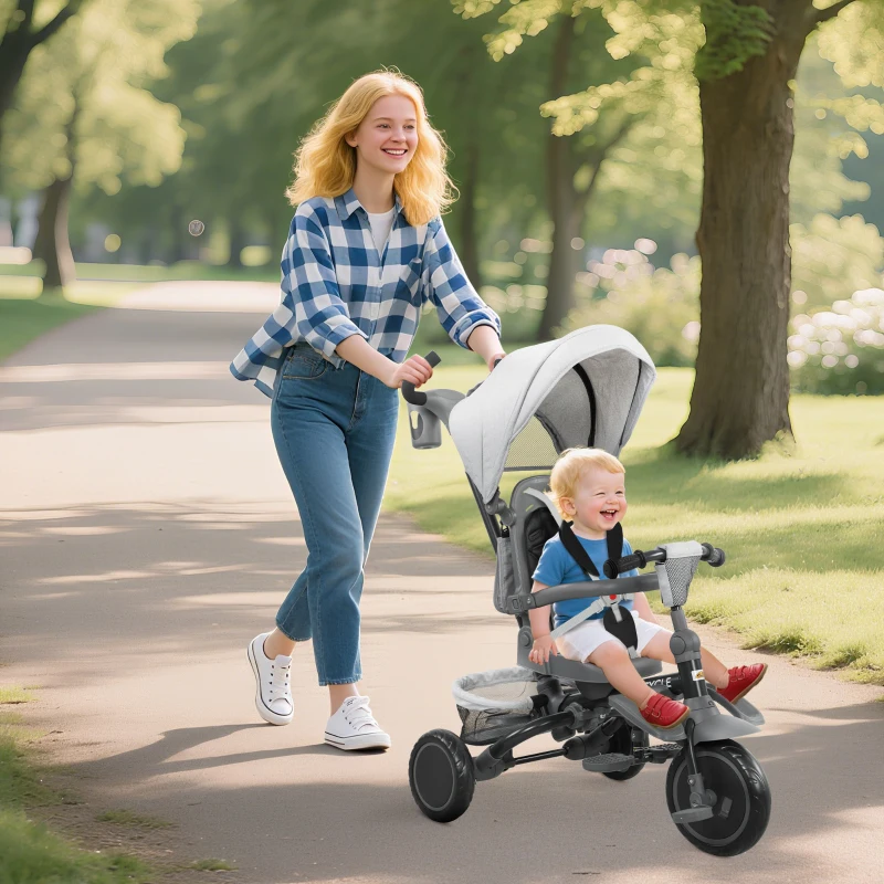 Qaba 6 in 1 Kids Tricycle with Adjustable Push Handle, Removable Canopy, Reversible Seat, for 1-5 Years, Gray