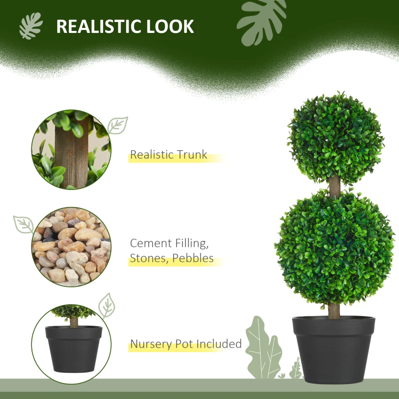 HOMCOM Artificial Boxwood Topiary Tree Set of 2, Faux Boxwood Ball Trees in Pot, Fake Plant for Indoor Outdoor Decor, Green