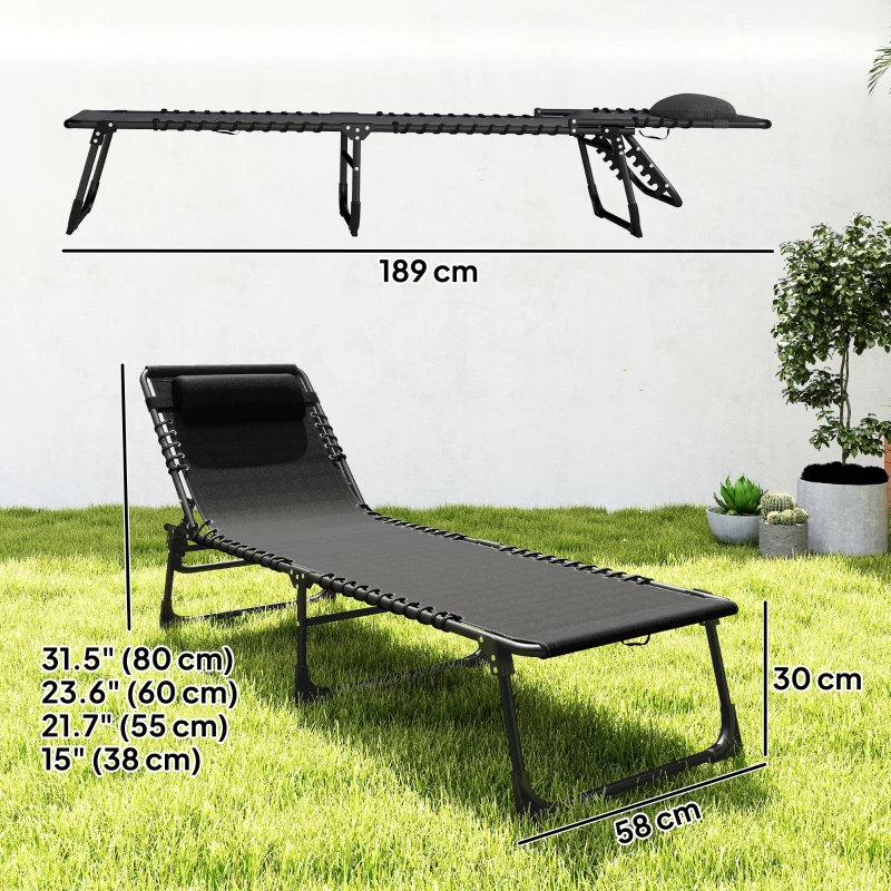 Outsunny Outdoor Folding Lounge Chair, 4-Level Adjustable Chaise Lounge with Headrest, Tanning Chair Beach Bed Reclining Lounger Cot for Camping, Hiking, Backyard, Black