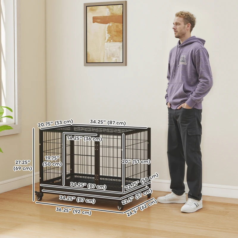 PawHut Heavy Duty Dog Crate Cage for Medium Small Dogs Cats with Two Doors, Lockable Wheels, Removable Tray, 36" x 24" x 27"