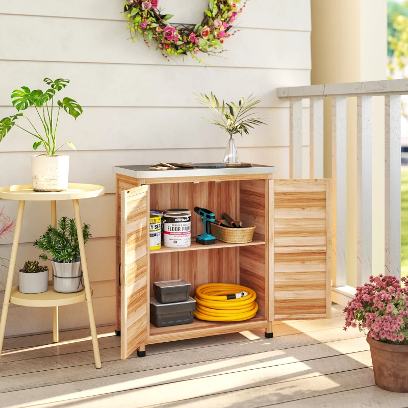 Outsunny Garden Storage Cabinet, Outdoor Potting Bench Table with Metal Tabletop, Shelf and Double Doors, Natural