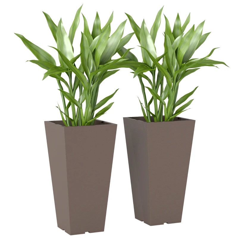 Outsunny 23 Inch Tall Planters for Outdoor Plants, Set of 2 Plastic Flower Pots, for Front Door Patio Garden Use, Brown
