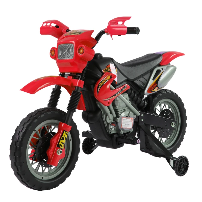 Aosom 6V Kids Motorcycle, Electric Motorcycle with Dirt Bike Style, Street Bike Design Battery Powered Ride On Toy with Training Wheels, Headlight, Music, Ages 5-8, Red