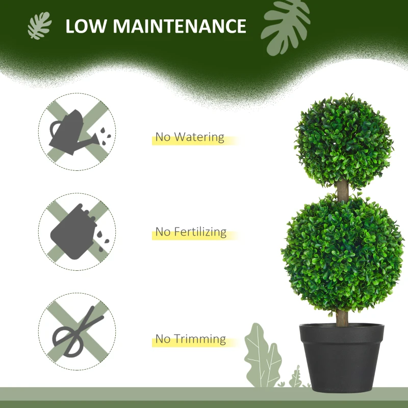 HOMCOM Artificial Boxwood Topiary Tree Set of 2, Faux Boxwood Ball Trees in Pot, Fake Plant for Indoor Outdoor Decor, Green
