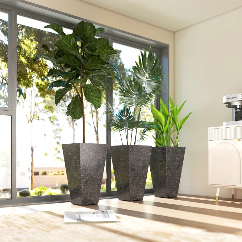 Outsunny 28" Tall Planters, Set of 3 Plastic Flower Pots with Marble Finish and Drainage Holes, Stackable Taper Planters, Black