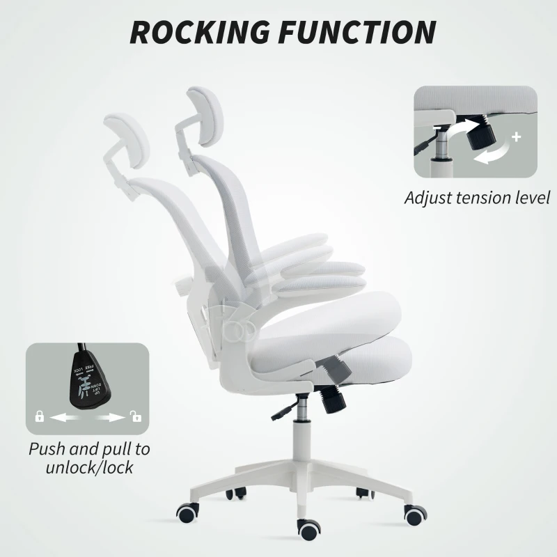 Vinsetto Office Chair, Mesh Computer Desk Chair with Adjustable Headrest, 4D Lumbar Support, Flip-up Arm, White