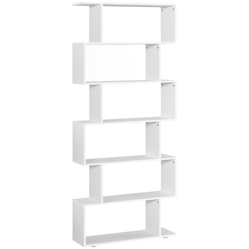 HOMCOM 76" 6-Tier Geometric Wooden Bookcase S Shaped Storage Display Bookshelf Modern shelf Open Concept Living Room Home Office Furniture, White