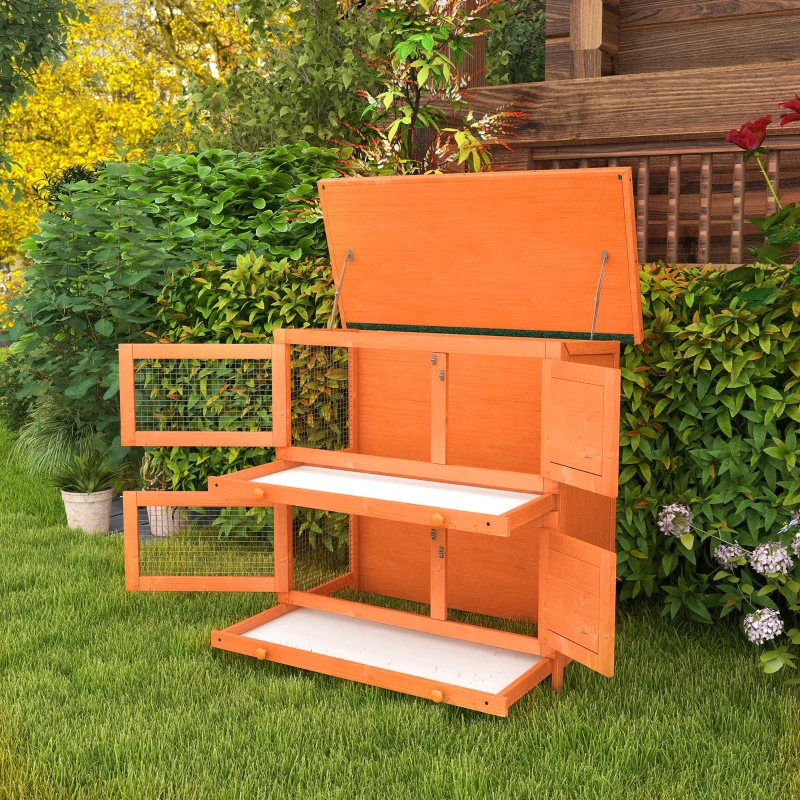 PawHut 2-Tier Wooden Rabbit Hutch Small Animal House Bunny Pet Cage with 2 Main Rooms, Sliding Tray, Opening Top, Yellow