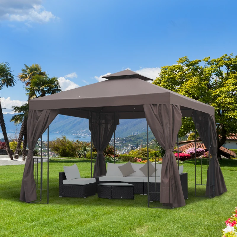 Outsunny 10' x 10' Patio Gazebo Outdoor, Canopy Shelter with Double-tier Roof, Pavilion Sidewalls for Garden Events, Brown