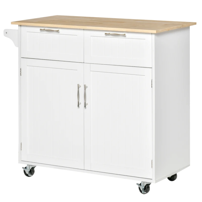 HOMCOM Rolling Kitchen Island with Storage Drawers, Kitchen Cart with Rubber Wood Top, Cabinet & Towel Rack, White